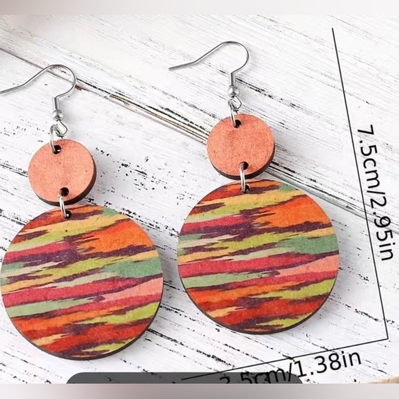 HUGE SALE! BOHO ART DECO COLORFUL STRIPED DOUBLE ROUND WOODEN DROP EARRINGS NEW - Picture 3 of 6